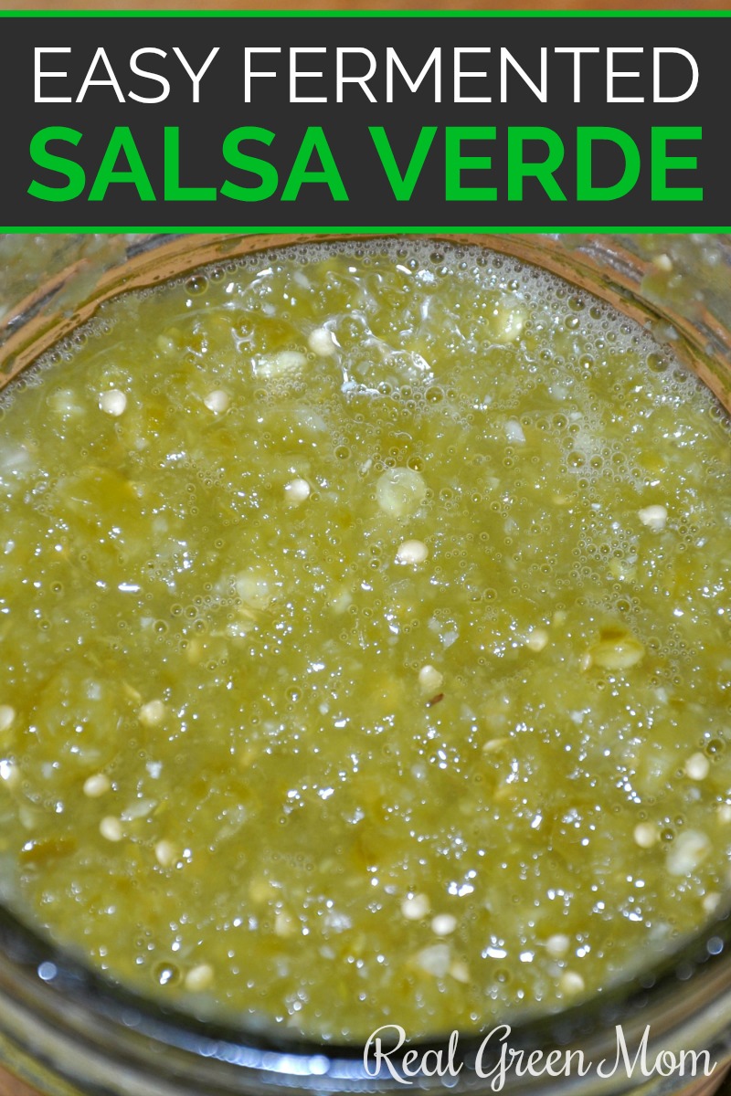 Close up of fermented salsa verde in glass jar