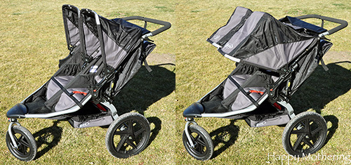 Large sunshade folded down on the BOB Revolution Duallie jogging stroller