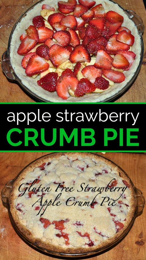 Pie pan with crust, raw apples and strawberries on the cutting board above fully baked strawberry apple crumble pie on cutting board