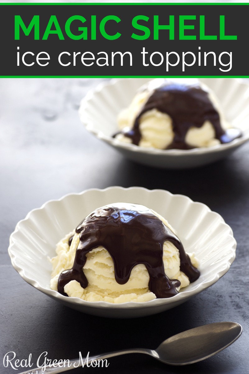 Two bowls of vanilla ice cream topped with Magic Shell chocolate topping
