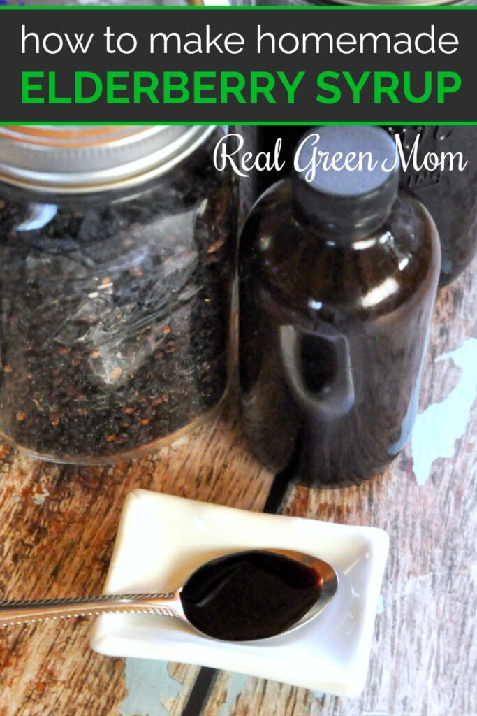 Homemade elderberry syrup on a spoon plus a jar of elderberries and another jar of more syrup