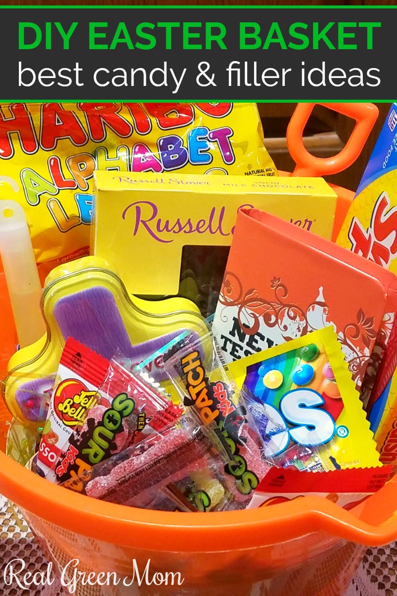 Easter basket filled with candy made from an orange sand bucket