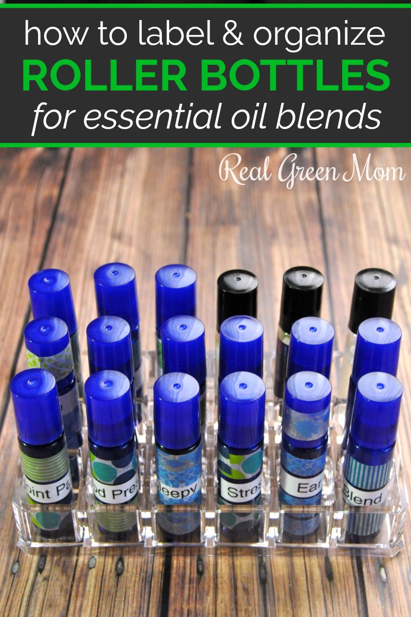 Essential oil blends in roller bottles labeled and kept in a plastic lipstick container for organization