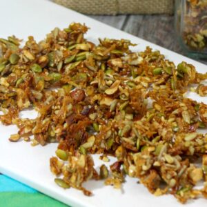 Homemade grain free granola on white serving platter