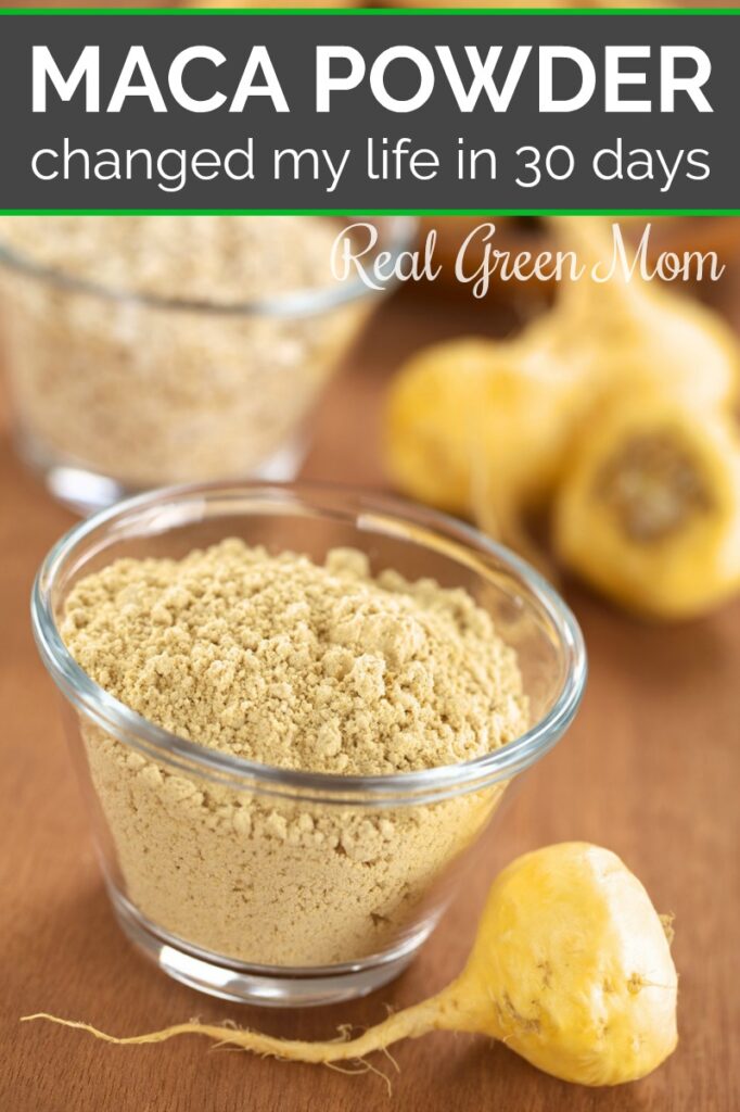 Maca root powder in a glass bowl with maca root next to it