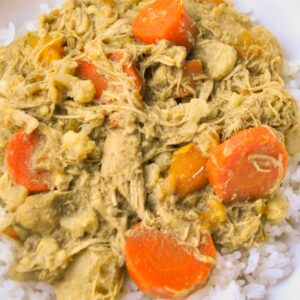 Close up of chicken and carrot curry made in a slow cooker served over rice