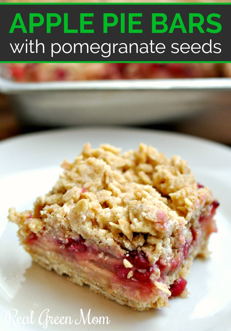 Single apple pie bar with pomegrante seeds on a white dessert plate in front of the pan