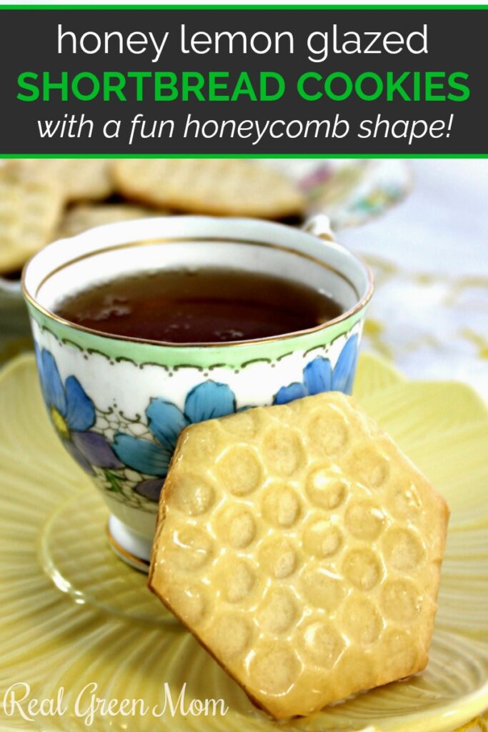 Lemon glazed honeycomb cookie with tea on a yellow plate