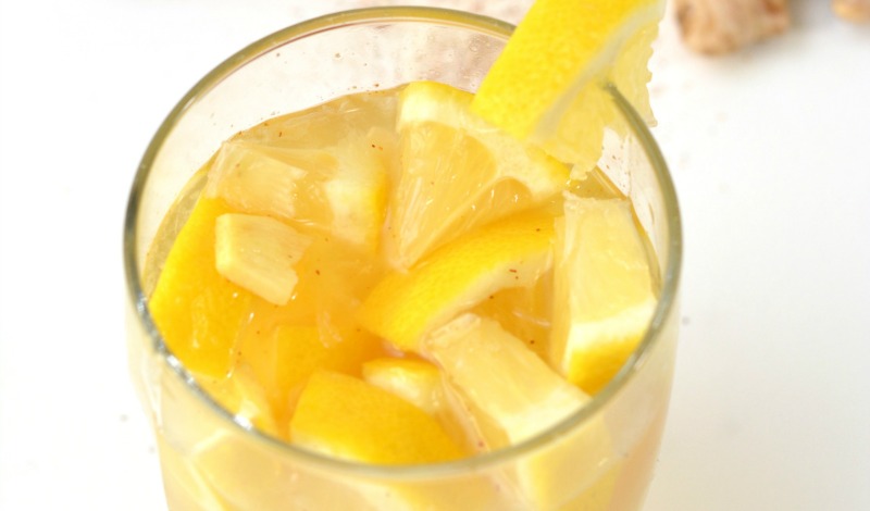Close up of glass of Lemon Ginger Tonic