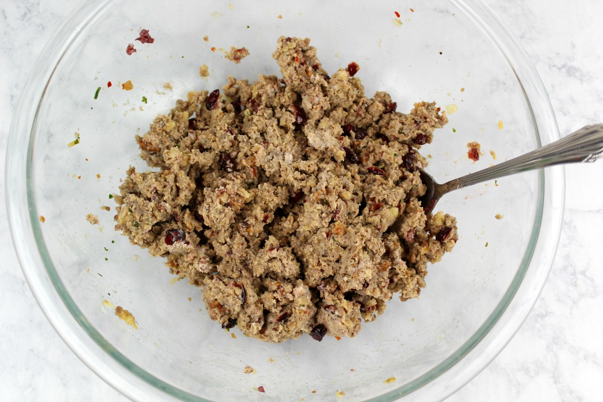 Sausage that has been run through the food processor in a glass mixing bowl