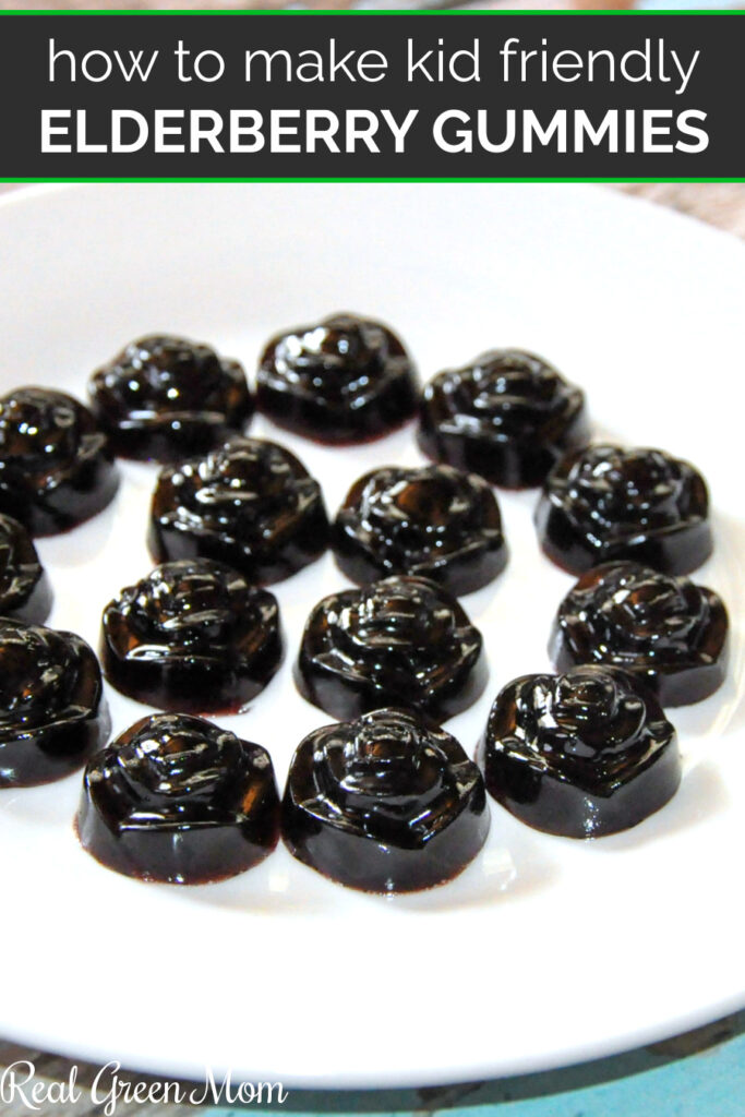 Elderberry gummies on white plate with label that reads, "how to make kid friendly elderberry gummies."