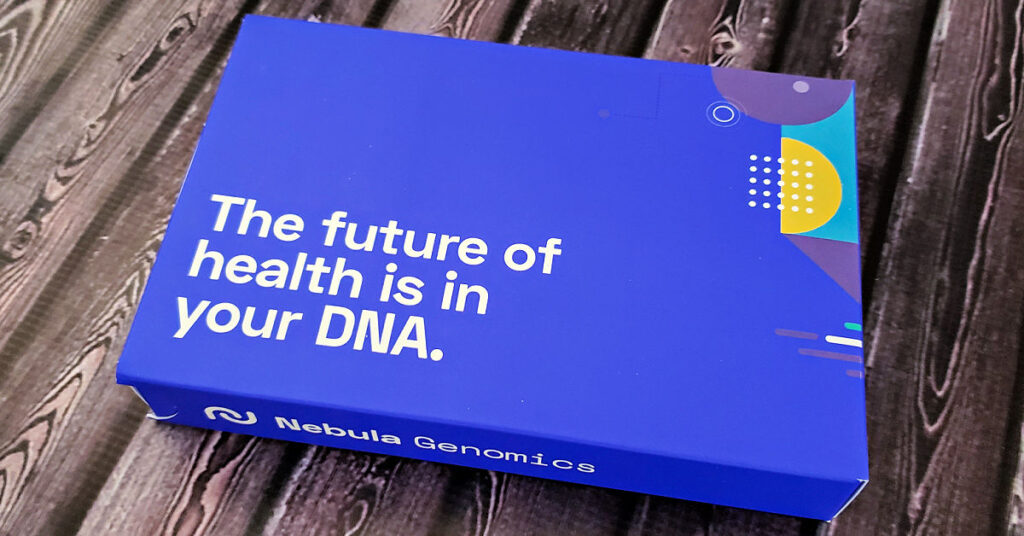 Blue Nebula Genomics whole genome sequencing kit that reads, "the future of health is in your DNA."