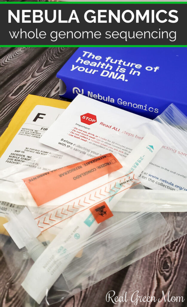 Nebula Genomics DNA test kit box opened to show swabs, collection instructions and return mailing label.