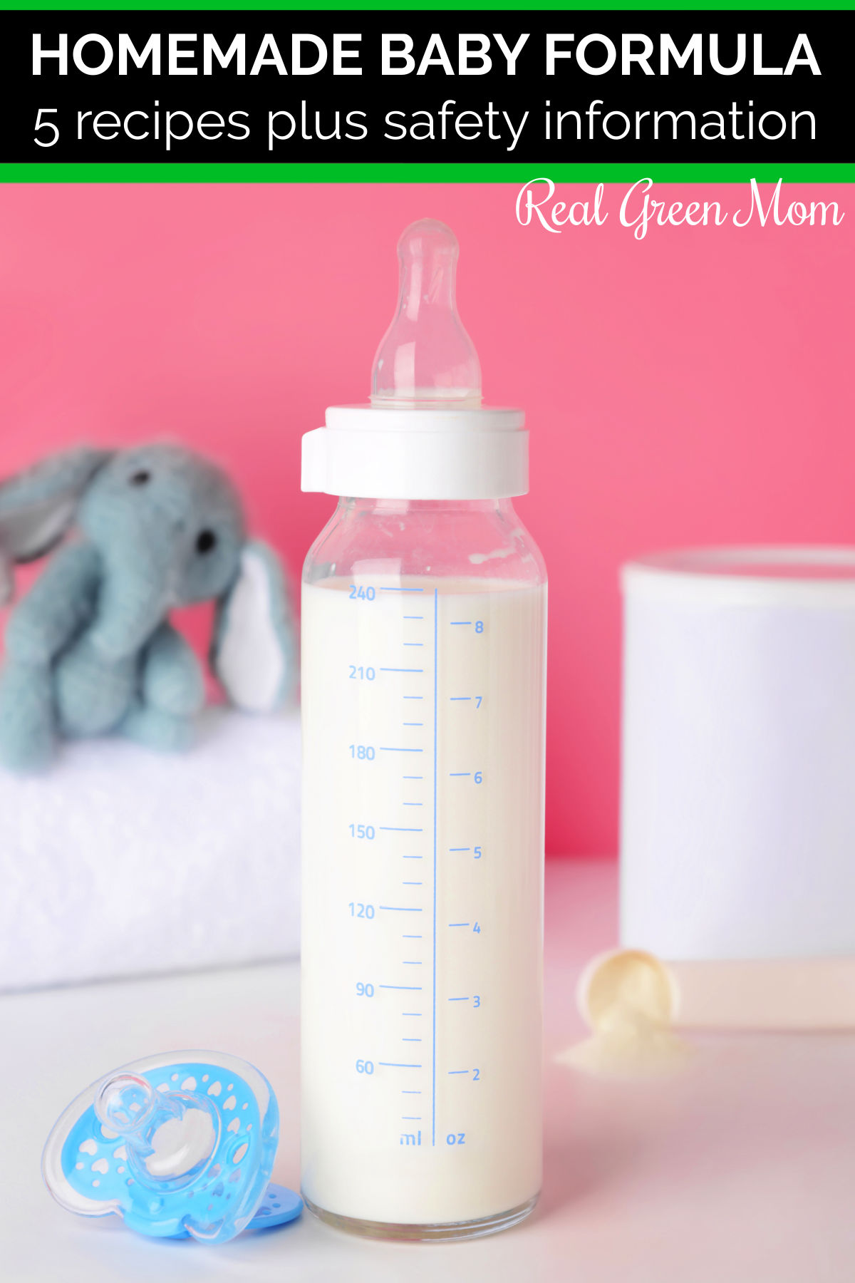 Bottle of homemade baby formula on counter with pacifier and toys.